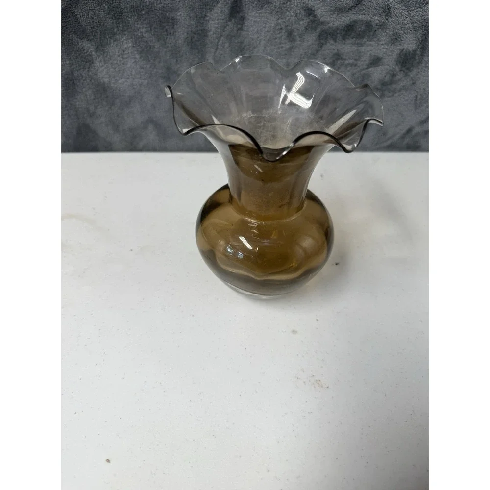 Vintage Mid-Century Smoked Gray Blown Glass Vase with Ruffled Rim